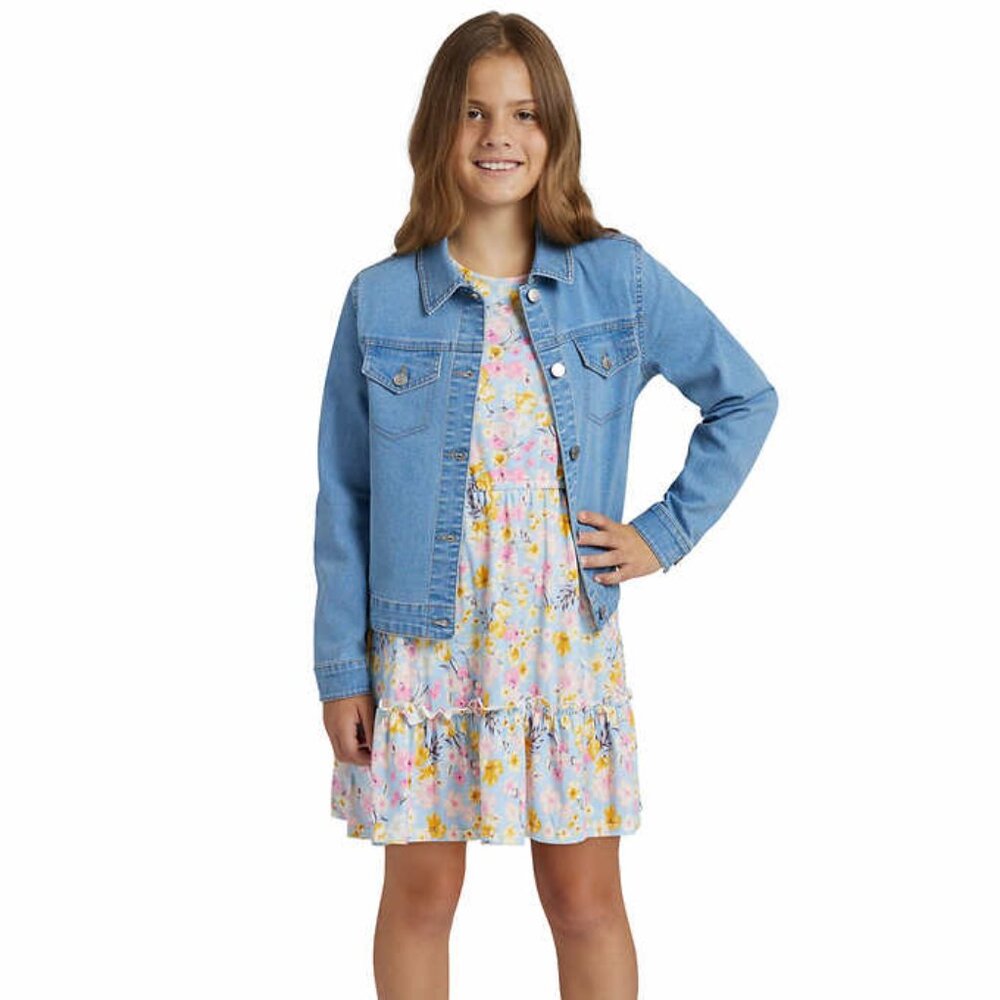 BCBG Youth Yellow Dress and Blue Denim Jacket -Yellow Dress/ Light Wash Denim, M